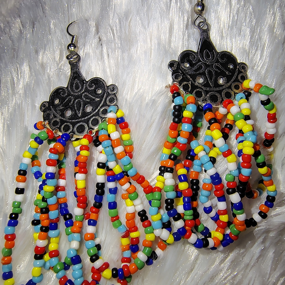 Vintage Colorful Dangle Bohemian Beaded Earrings/ 80s See Info